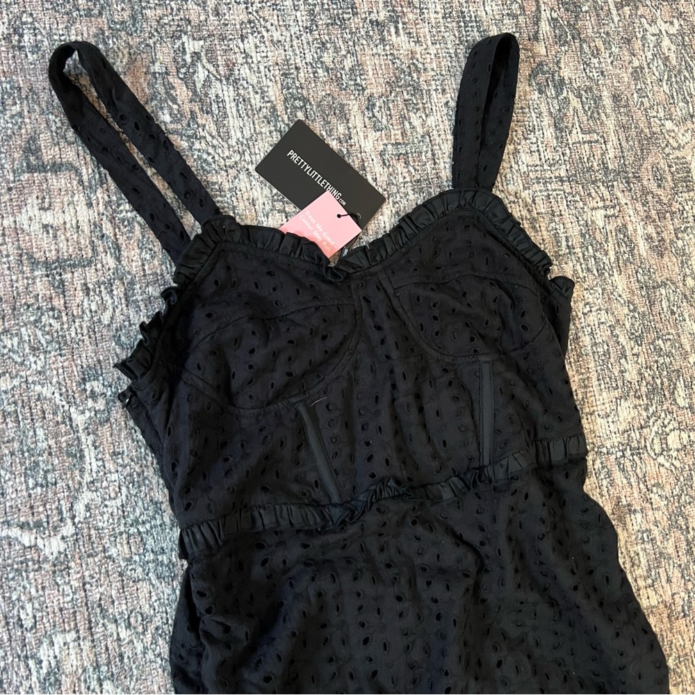Pretty Little Thing Black Eyelet Bustier Dress Size 14 Cinch Sides NWT